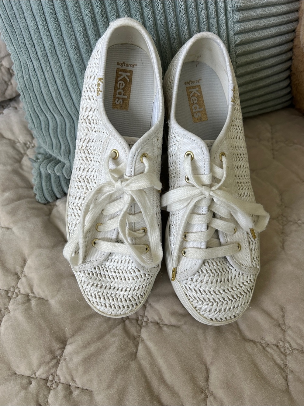 Keds White Crochet Low-Top Sneakers with Gold Eyelets
